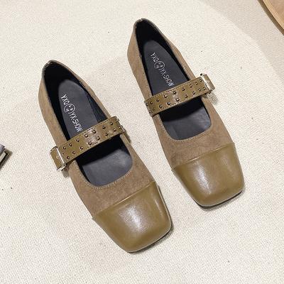 Модная весенняя новинка, женские туфли на плоской подошве, квадратный носок, замшевые вставки, мелкий вырез, заклепки, мягкая подошва, нескользящие одинарные туфли