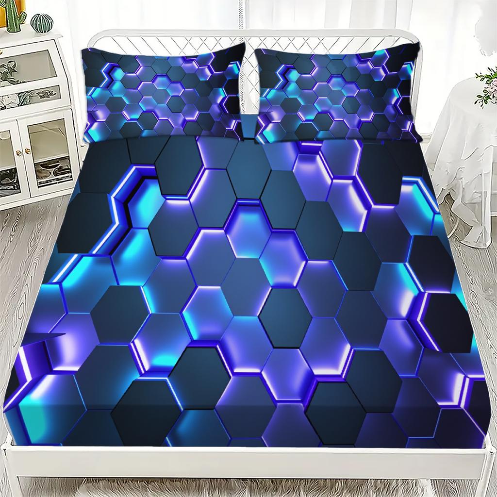3pcs Hexagon Pattern Flat Sheet 3D Printed Blue Purple Geometric Fitted Sheet Sets With Pillowcases No Filling Cool Visual Style