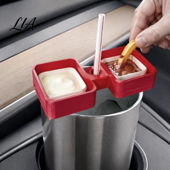 Dipping Sauce Cup for Car 3D Printed Holder Condiment Tray, 2 Compartment Dip Travel Accessories Container with Straw Hole, Universal Vehicle Tumbler