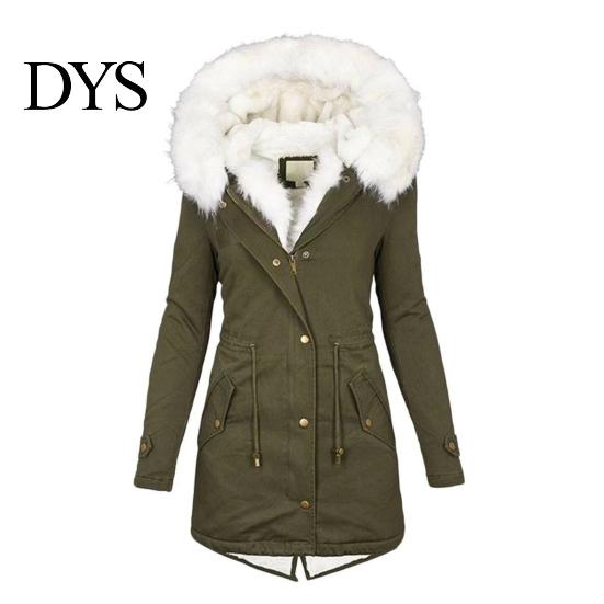 Long Down Jacket Women Winter Cotton Coat Plus Size Faux Fur Hood Fleece-lined Zip-up Temperature Locking Press Button Closure Windproof Mid