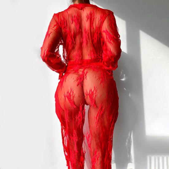 Женская ночная рубашка с открытой передней частью, шнуровка, две части, прозрачное цветочное кружево, сексуальное