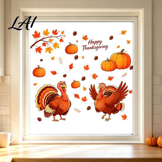 Autumn Window Decals Thanksgiving Static Clings Cartoon Double Turkey Pumpkin Maple Leaf No‑Glue Festival Atmosphere Layout Supplies Glass Decals,