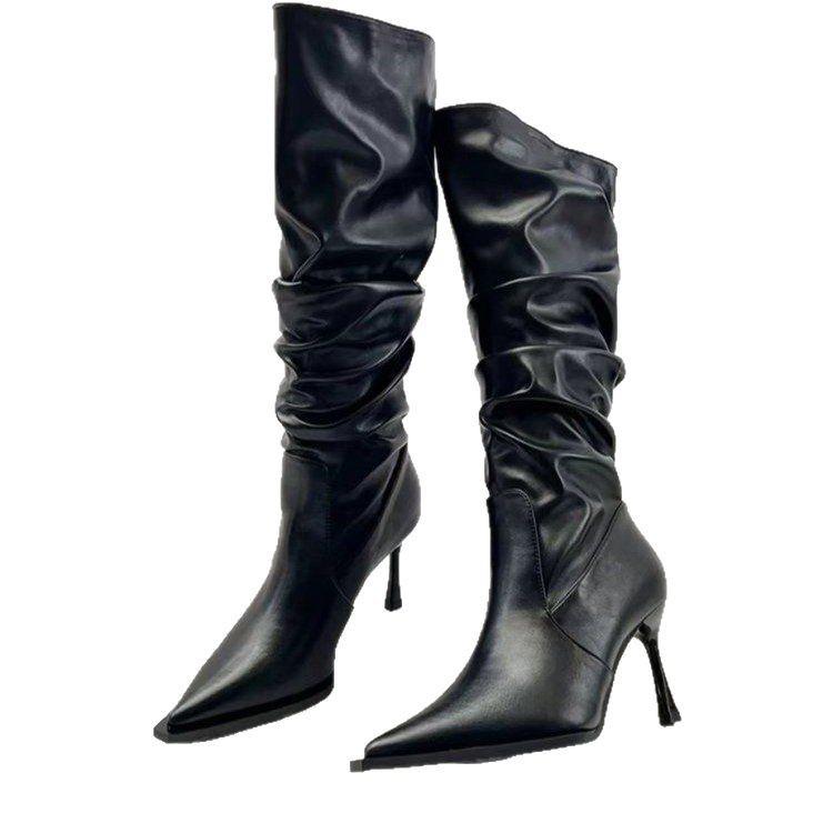 Модные зимние женские высокие сапоги Модные сапоги с острым носком и шпилькой Длинные сапоги Элегантные женские сапоги до колена Обувь Botas De Mujer