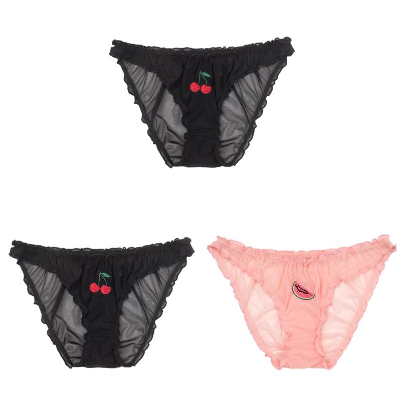 3PCS/Set Women Sexy Lace Lingerie Temptation Low-waist Panties Fruit Ins Embroidery Transparent Briefs Seamless Sweet Underwear