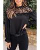 Azura Exchange Black Leopard Mesh Splicing Ruffle Long Sleeve Blouse