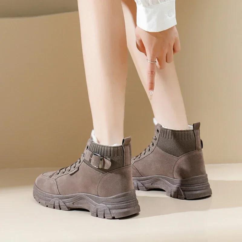 Модные женские зимние ботинки на высокой платформе со шнурками, байкерские ботинки со шнуровкой и круглым носком, черные женские ботинки, женская зимняя обувь 2024 года с подкладкой