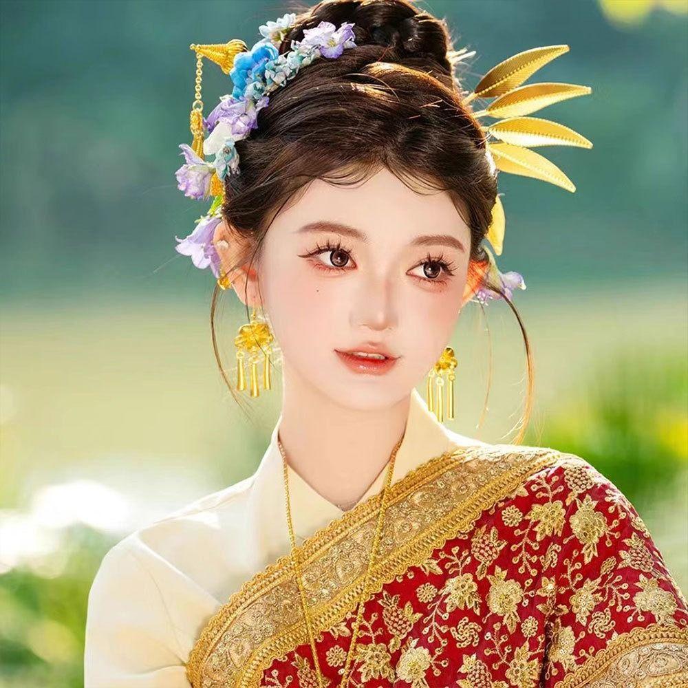 Flower Thai Hair Sticks Rhinestone Gold Hair Fork Antique Ethnic Style Hair Accessories  Hanfu