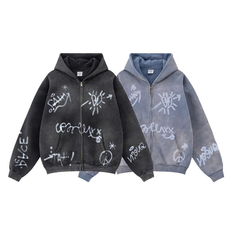 Unisex Winter Hooded Zip-Up Oversized Fleece-Lined Sweatshirt With Hand-Drawn Graffiti Print Daily Wear