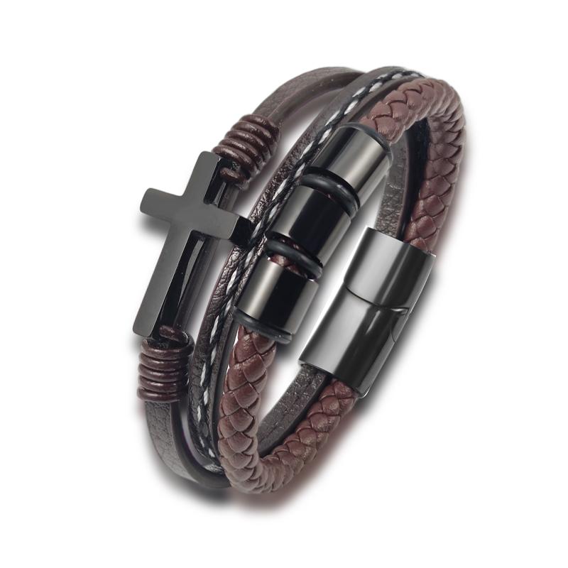 MingAo New Custom Engraved Family Name Beads Cross Bracelets Black Braided Leather Stainless Steel Bracelets for Men Fathers