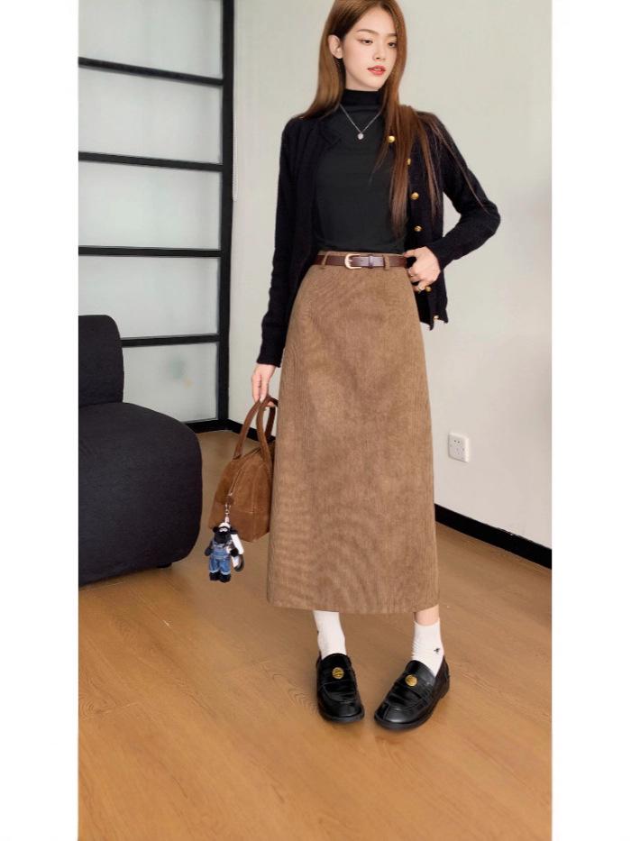 Женская вельветовая ретро осенне-зимняя приталенная прямая юбка с разрезом сзади