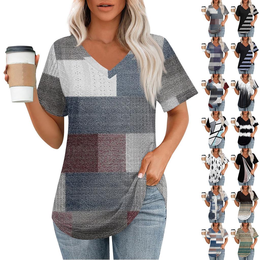 Womens T Shirts V Neck Short Sleeve Casual Tops Loose Fit Basic Tees With Curved Hem