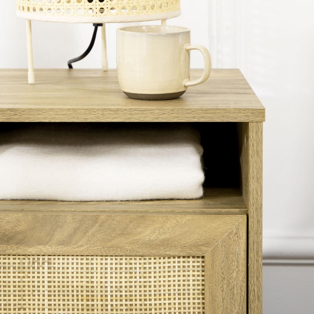 Bedside Table With Rattan Element Side End Table With Shelf And Cupboard 39cmx35cmx60cm Natural