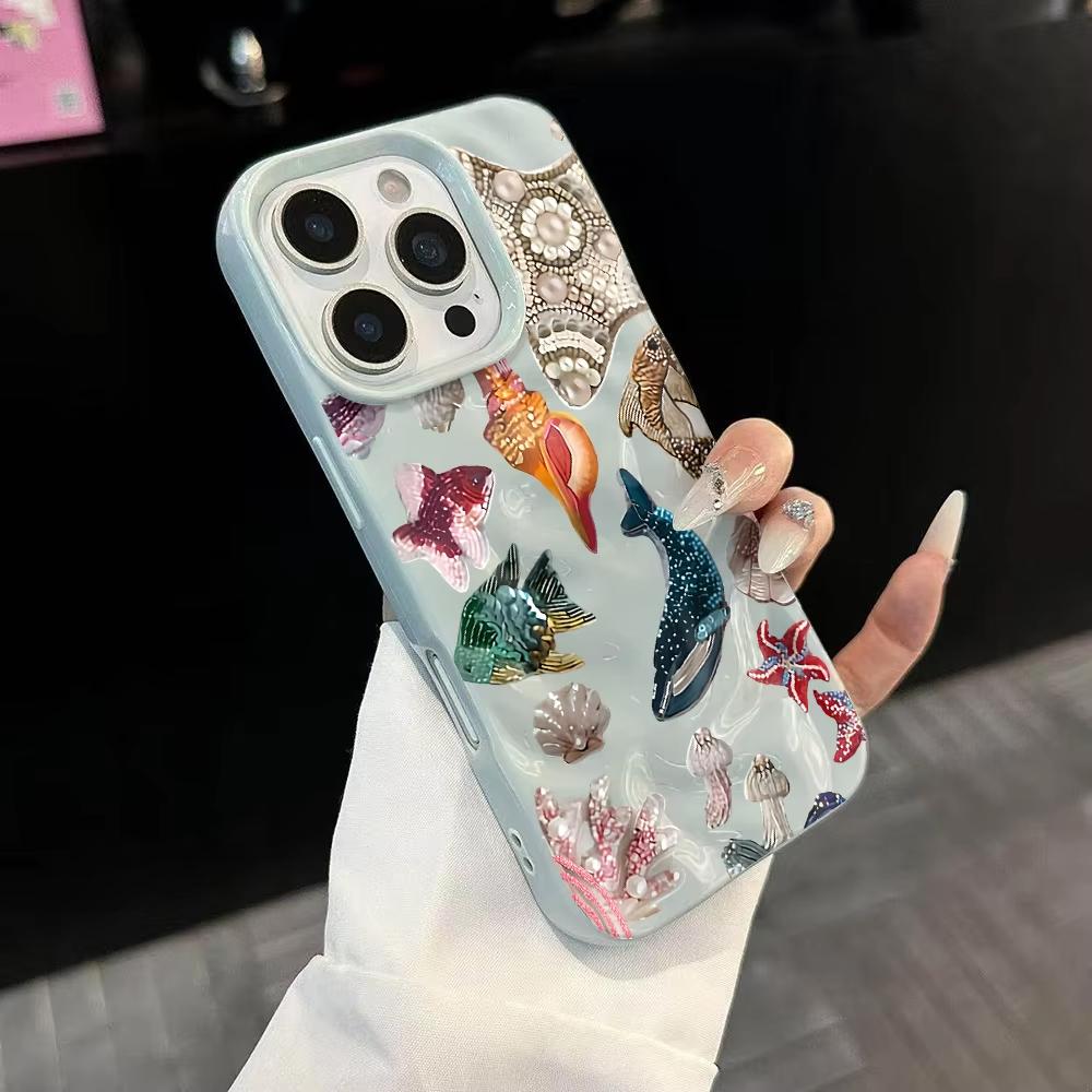 Роскошный Ретро Чехол для Телефона с Морскими Животными Для iPhone 17 16 15 14 13 12 11 Pro Max 14 Plus 17 Air Складка Волна Мягкий Силиконовый Чехол