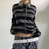 VAYLA Women Fairy Grunge Knit Basic Shirt  Y2K Grey Black Striped Long Sleeve Round Neck Tops Emo Tee