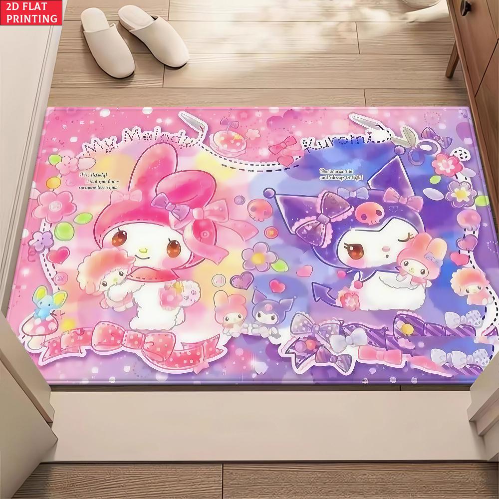 Kawaii Cute Cartoon Friends Doormat, 2D Print Non-slip Floor Mat, Pink Purple Flower Entrance Rug for Girls Bedroom Decor Gift