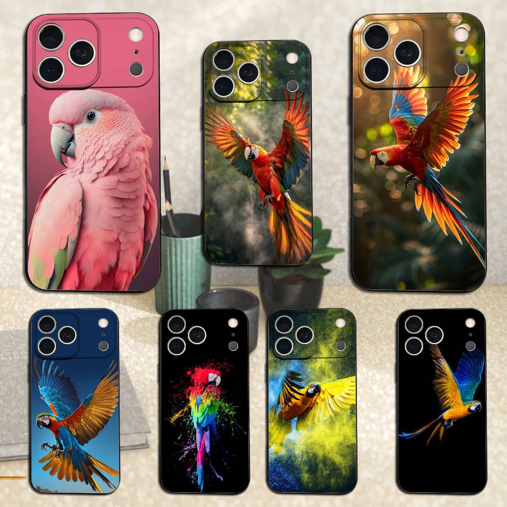 A-Животное Попугай Птица Для iPhone 13,17,11,12,16,14,15,Plus,Pro Max,XS,X,XR,SE,Mini,8,7,Мягкий Силиконовый Черный Чехол для Телефона