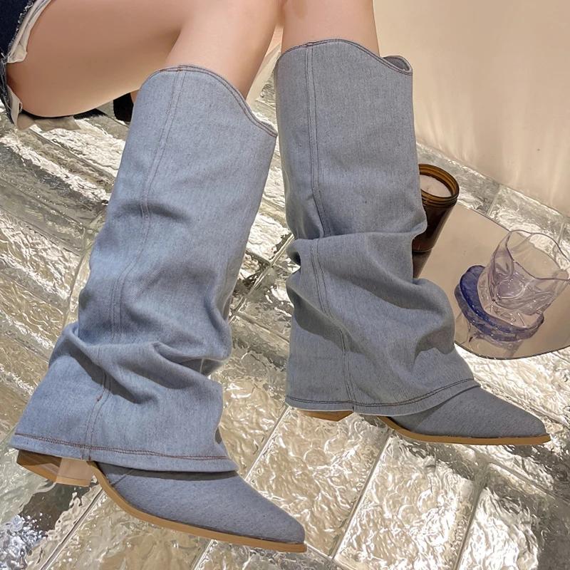 Ковбойские женские высокие сапоги на среднем каблуке, высокие сапоги челси до колена, остроносые массивные модные туфли, зимнее трендовое платье 2024 года, женские сапоги