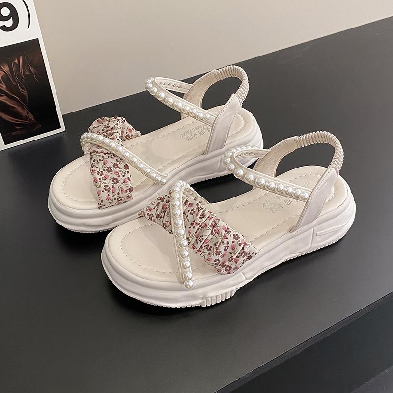 Sandals Flats Platform Casual Shoes Women New Fashion Beaded Ladies PU Leather Walking Shoes Open Toe Non Slip Zapatillas