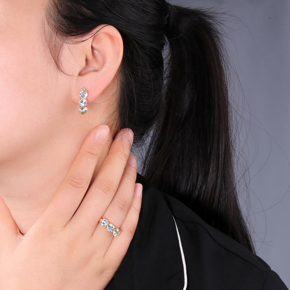 2023 Сердце стерлингового серебра 925 пробы Комплект ювелирных изделий Натуральный синий топаз Круглые серьги с застежкой 6 мм Кольца Классический дизайн для женщин подарок жене