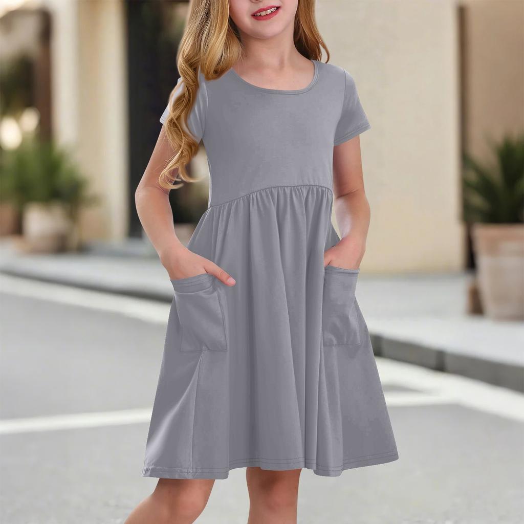 Children's Skirt Round Neck Short Sleeve Princess Dress Fashion Casual Pocket Dress For Girls