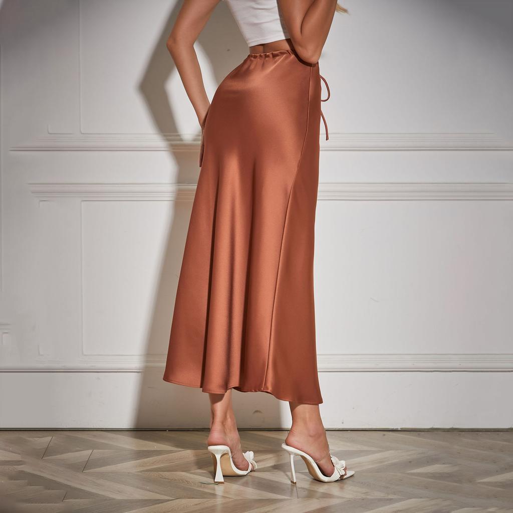 A Line Long Satin Skirts for Women Black Elegant High Waist Maxi Beige Skirts Silk Lace Up Long Skirt Women