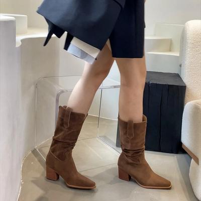 Женские сапоги 2024 Классические Новые Сапоги до середины икры с острым носком Однотонные Простые Замшевые Сапоги на платформе Botas Altas Plataforma Mujer