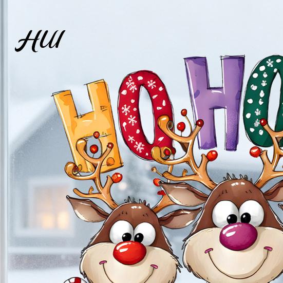 Xmas Party Supplies Christmas Static Cling Window Stickers, Cartoon Reindeer HOHOHO Art Glass Decals, Winter Holiday Ornaments Festive Decor for Home