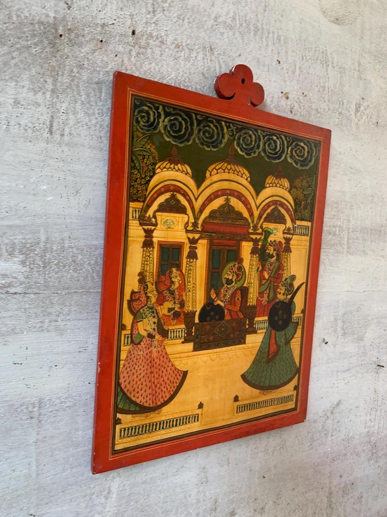 Hand-Painted Royal Portrait: Indian King & Queen Wood Frame Wall Decor