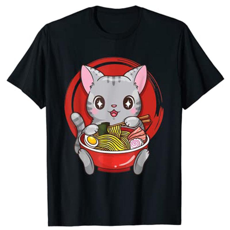 Официальная футболка для подростков RaUnisex с кошкой из аниме Kawaii Neko для японских девушек, одежда в стиле Харадзюку Y2k, котенок ест лапшу, новинка, милая футболка