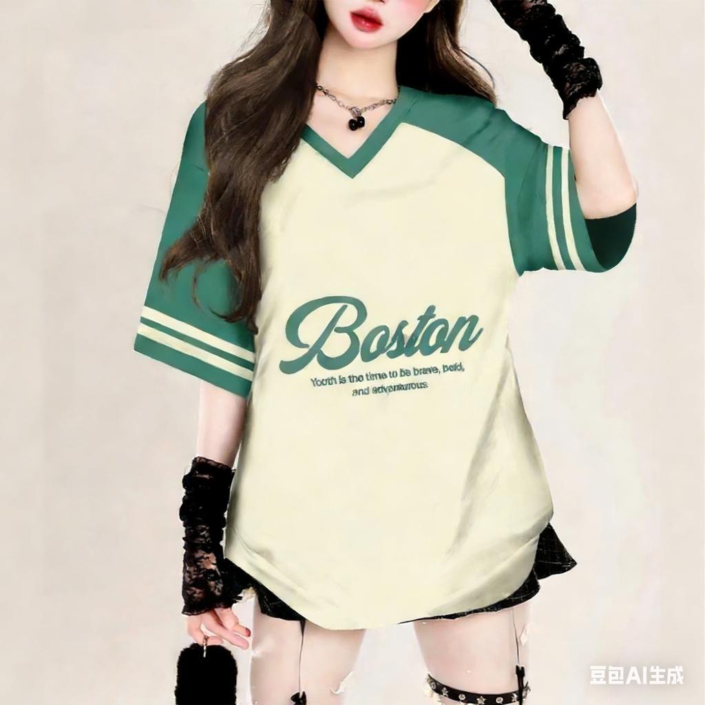 Women Print V-Neck Short Sleeve T-Shirt Summer Tops Baseball Jerseys Stripe Oversized Sport Outdoor T-Shirt