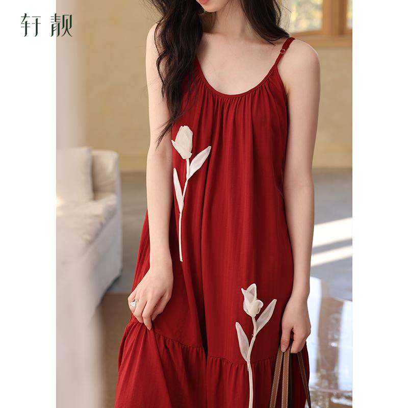 Xuan Liang Bubble Foam Sleeping Skirt Women's Summer Thin Cotton Strap Ultra Long Dress Sexy Pajama Large Red Home Dress