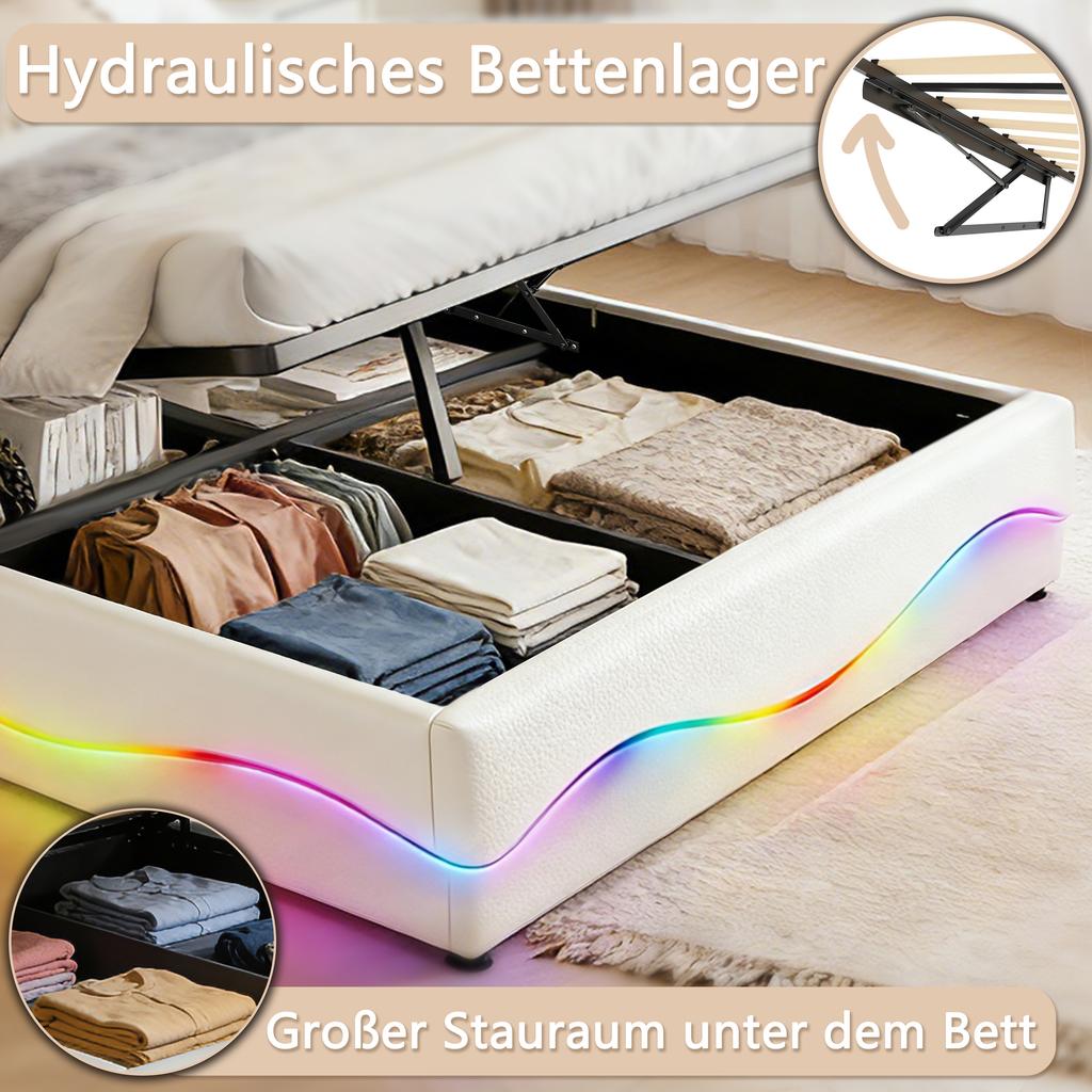 Upholstered Bed with Storage, Leather Headboard, USB & Type-C Ports, Noise-Free Padding, and LED Lighting,White.