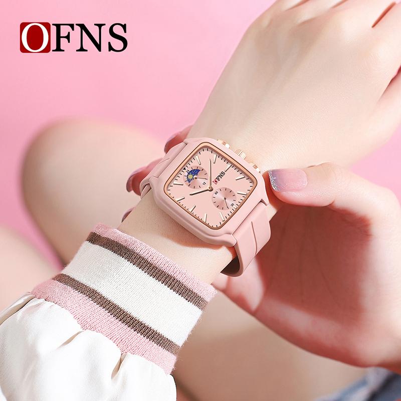 Fashion Ofns 7504 Luxury Moon Phase Women's Silicone Band Watch Casual Analog Young Quartz Watches For Men And Women Student Gif