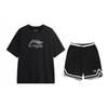 Minimalist Letter Logo Print Round Neck Loose Short Sleeve Mid Waist Tied Shorts Casual Sports Set Unisex Sets Black AHSVD57-1+YAPV001-1