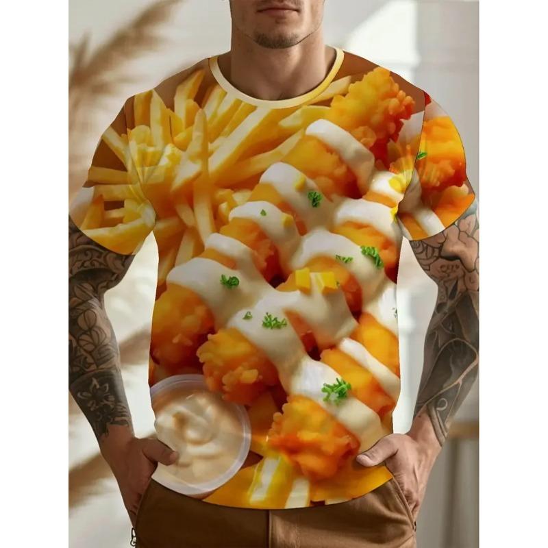 Men's 3D Printed Food Graphic T-Shirts Burgers Fries & Pizza Artistic Design T-shirts Summer Round Neck Short Sleeve Tops