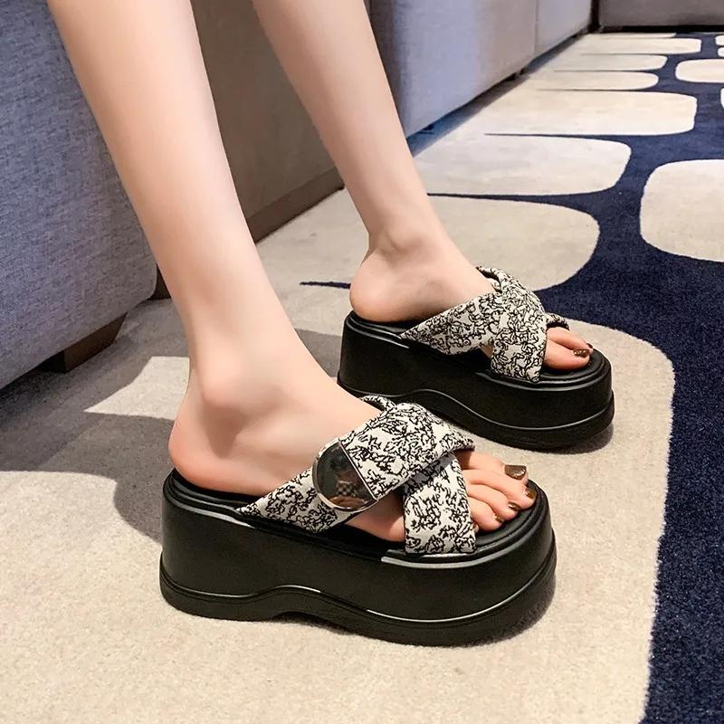 Fashion 8cm Heels Chunky Platform Slippers For Women Open Toe Leather Wedges Sandals Woman Summer Thick Bottom Female Beach Flip Flops