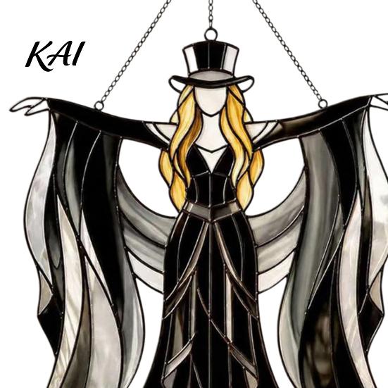 Decorative Window Splicing Art Boho Dancing Lady Suncatcher, Stained Glass Acrylic Hanging Ornament, Mystical Gothic Vintage Woman Spinner for Indoor