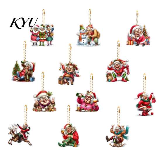Funny Character Key Chains 12Pcs Old Women Christmas Tree Ornaments, 2D Flat Acrylic Cartoon Grandma Creative Sheet Ornaments Hanging Pendants
