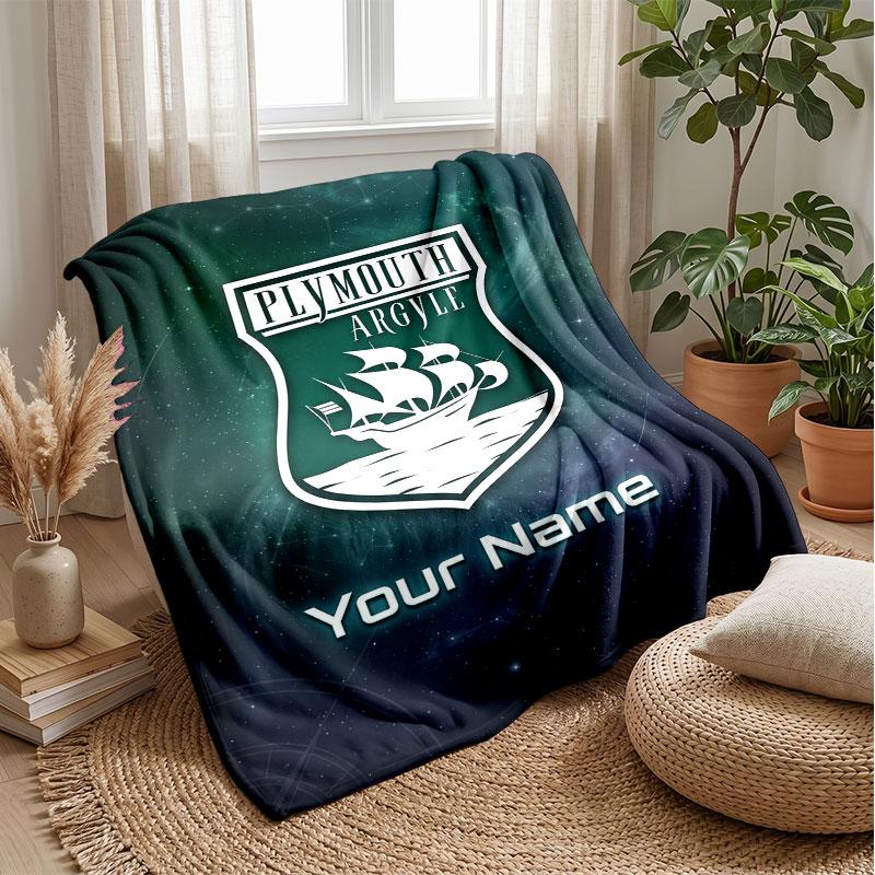 Plymouth Argyle FC Custom Name Text Flannel Blanket Soccer Logo Personalized Fleece Throw Blanket Special Gift For Sofa Bedroom Home