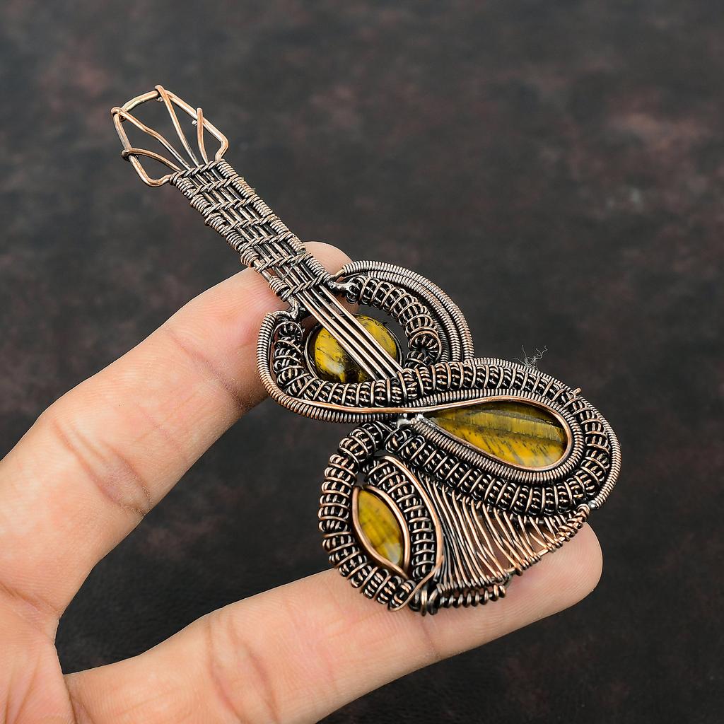 Подвеска из тигрового глаза, подвеска из медной проволоки, подвеска в виде гитары, драгоценный камень, ювелирные изделия из тигрового глаза, подвеска ручной работы, подарок на годовщину, медные украшения