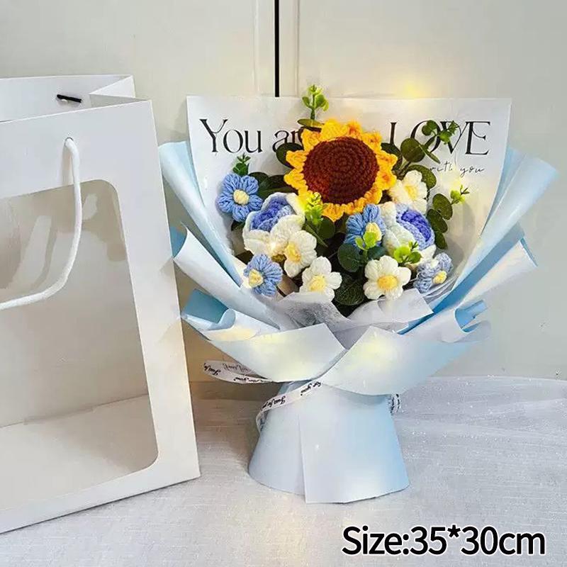 Mother'S Day Crochet Bouquet Finished Hand-Woven Artificial Flower Graduation Season Girl Friends Birthday Bouquet With Gift Bag