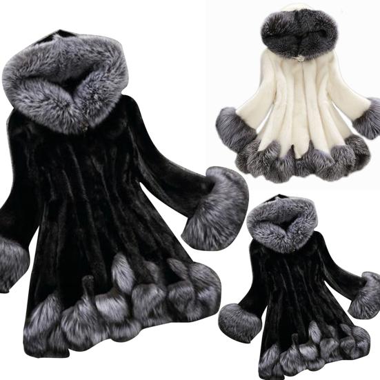 Overcoat Mid-length Hooded Design Faux Fur Women Outwear Coat for Winter