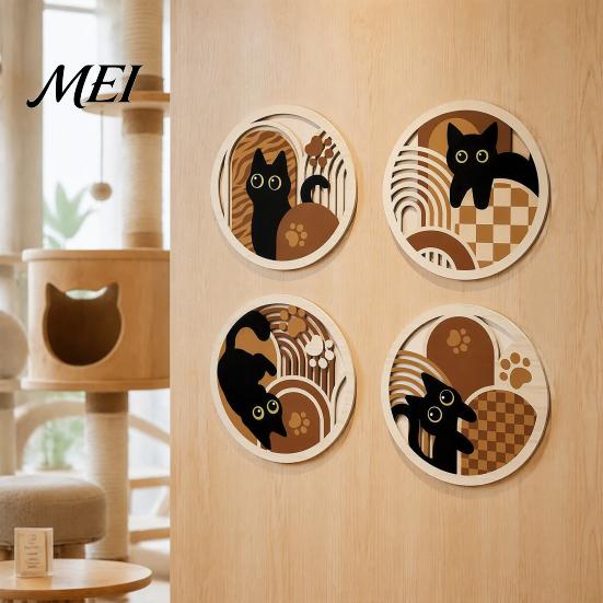 Black Cat Silhouette Wall Hanging 4Pcs Wooden Decor, 2D Flat Geometric Hollow Art Prints Indoor Sets Art, Modern Minimalist Signs for Living