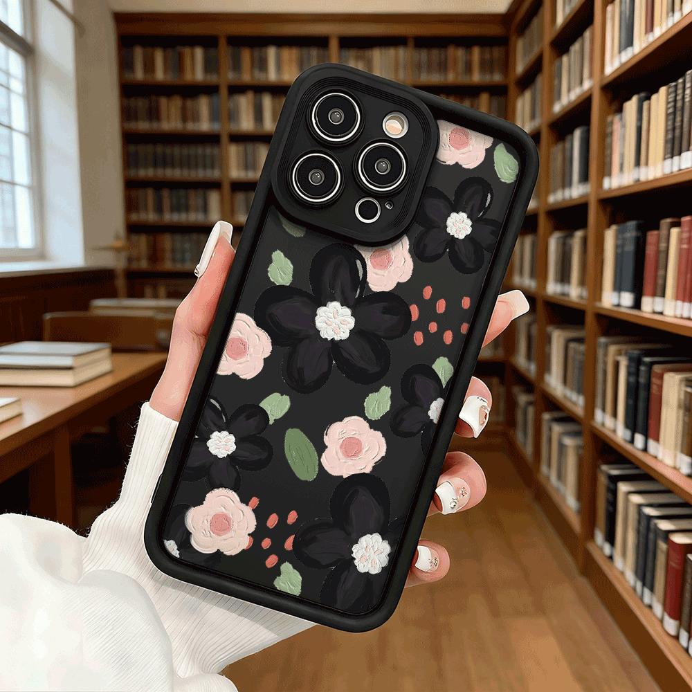 Black and Pink Floral Pattern Phone Case for iPhone 17 16 15 14 13 12 11 Pro Max Plus Anti Scratch, Gel Flexible Protective
