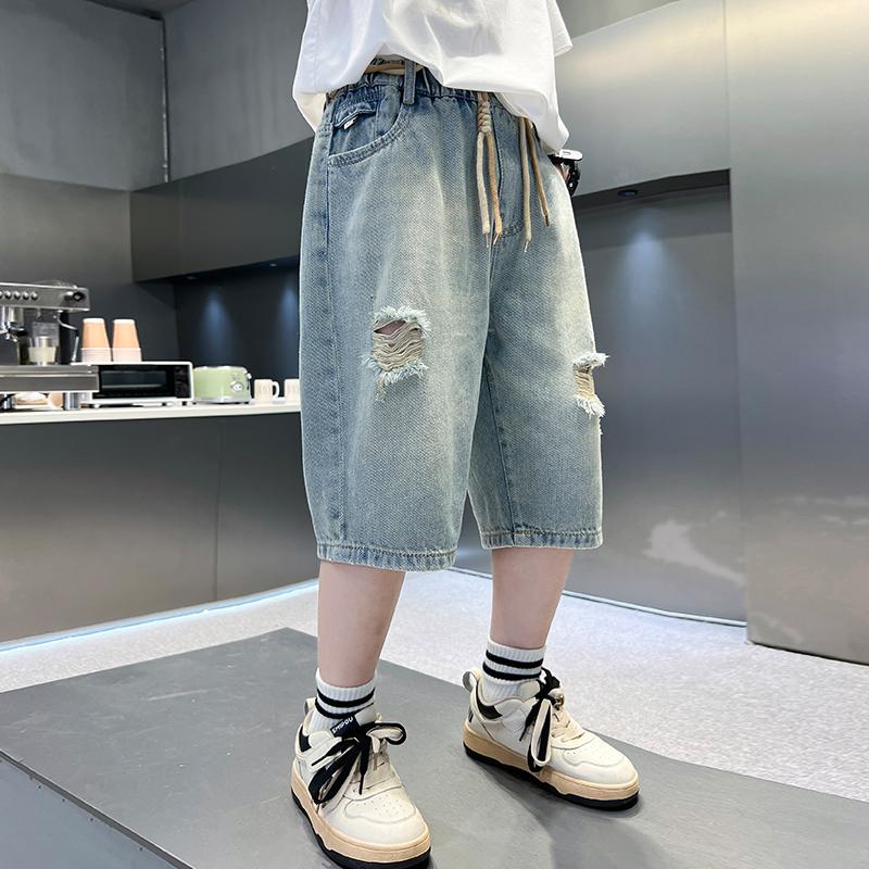 Boys' explosive streets, handsome and ripped denim shorts, new styles for children, big boys, boys, 5/7 shorts, trendy middle school students