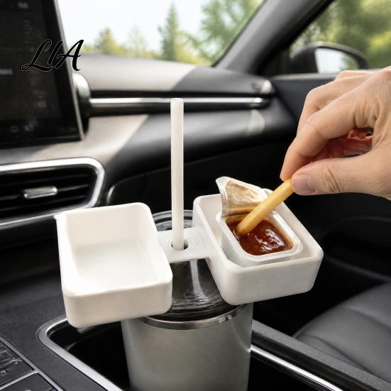 Dipping Sauce Cup for Car 3D Printed Holder Condiment Tray, 2 Compartment Dip Travel Accessories Container with Straw Hole, Universal Vehicle Tumbler