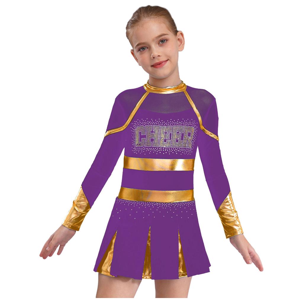 Girls Sparkly Rhinestones Letter Pattern Metallic Contrast Patchwork Long Sleeve Pleated Cheerleading Dress