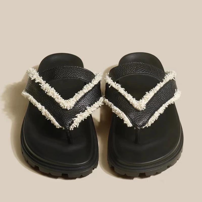 fashion Shoes Female 2024 High Quality Pinch Toe Women's Slippers Summer Solft Leather Solid Outdoor Casual Beach Low Heel Slippers