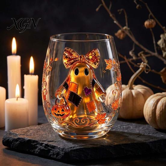 Personalized Daily Use Glassware Stemless Wine Glasses with Marine Animal Pattern, 420ml Capacity, High Borosilicate Halloween Themed Drinking