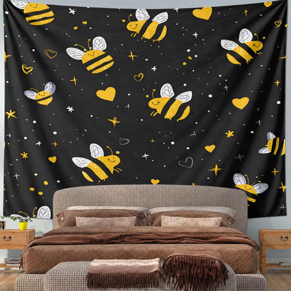 Cute Bees and Hearts on Black Background Pattern Wall Hanging Tapestry Decorative Tapestry Home Decor for Bedroom and Living Room